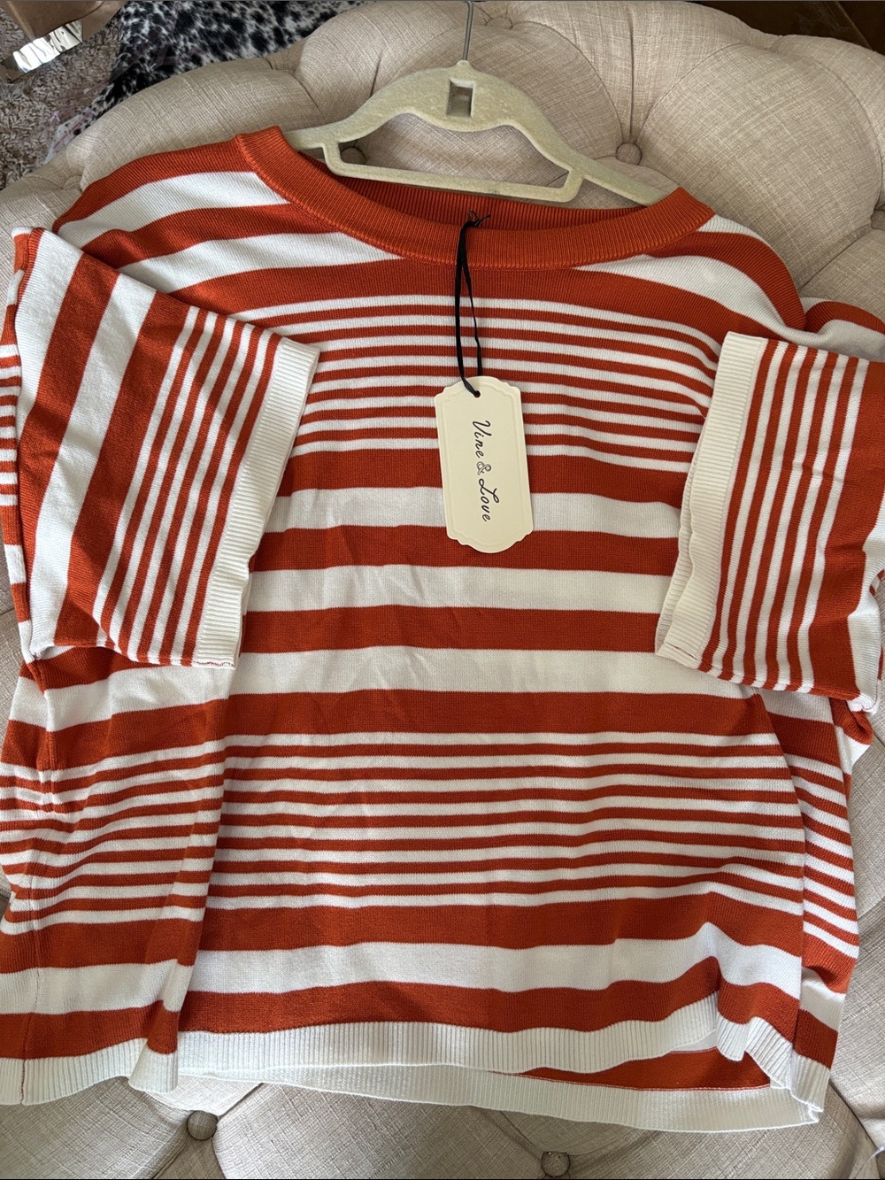 Vine & Love Rust Orange and White Striped Crewneck Sweater